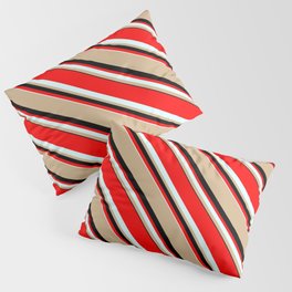[ Thumbnail: Red, Light Cyan, Tan, and Black Colored Lines/Stripes Pattern Pillow Sham ]