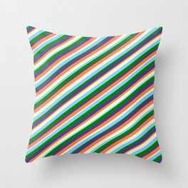 [ Thumbnail: Coral, Light Yellow, Light Sky Blue, Green & Dark Slate Blue Colored Lined/Striped Pattern Throw Pillow ]