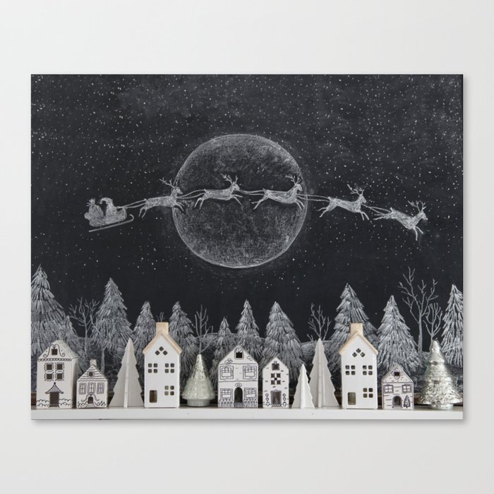 Christmas Village Chalkboard Santa & Reindeer Canvas Print