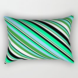 [ Thumbnail: Eyecatching Green, Light Sky Blue, Forest Green, White, and Black Colored Lines Pattern Rectangular Pillow ]
