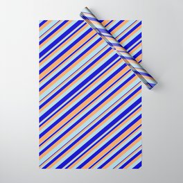 [ Thumbnail: Brown, Light Blue, and Blue Colored Lines Pattern Wrapping Paper ]