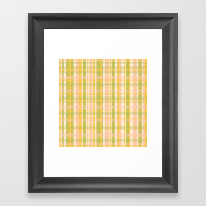 Spring Plaid Pattern in Light Retro Avocado Green, Blush, Marigold, and Cream Framed Art Print