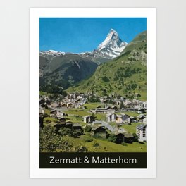 Retro Swiss travel Zermatt and Mount Matterhorn  Art Print