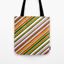 [ Thumbnail: Eyecatching Plum, Brown, Dark Orange, Dark Green & Mint Cream Colored Lined/Striped Pattern Tote Bag ]