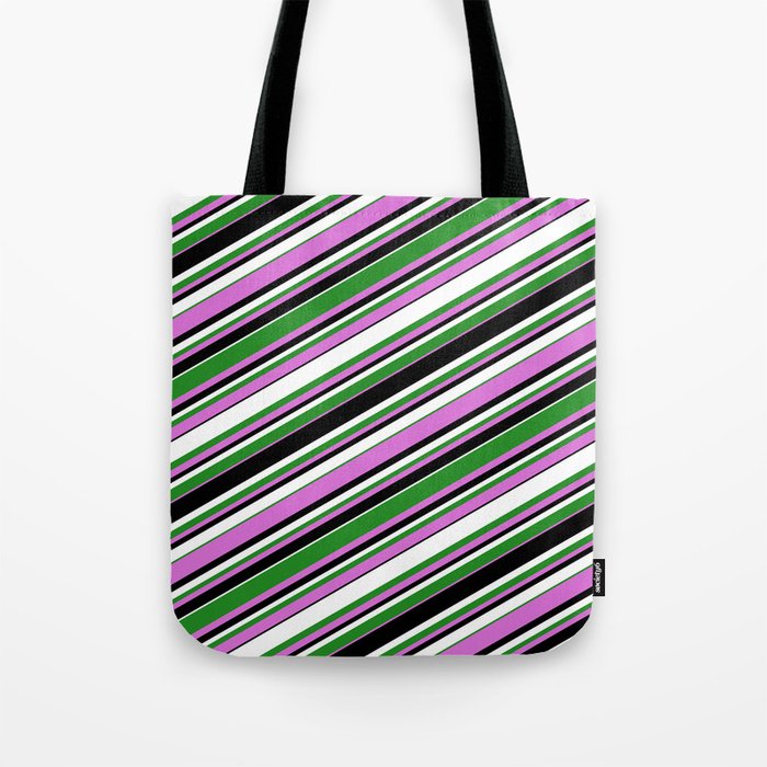 Forest Green, Orchid, Black & White Colored Striped/Lined Pattern Tote Bag