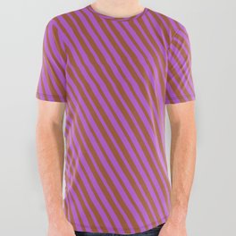 [ Thumbnail: Orchid and Sienna Colored Lines/Stripes Pattern All Over Graphic Tee ]