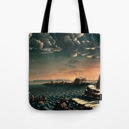 1620 Landing of the Mayflower Pilgrims at Plymouth Rock, Massachusetts nautical landscape painting by Michele Felice Cornè Tote Bag