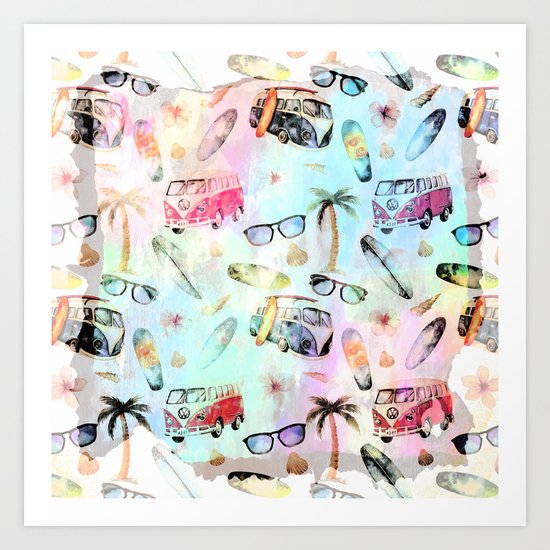 Beach time- Tropical summer watercolor pattern Art Print