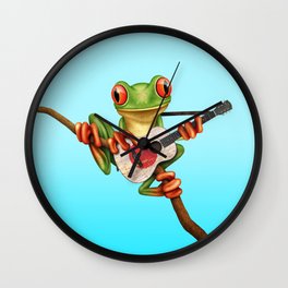 Tree Frog Playing Acoustic Guitar with Flag of Japan Wall Clock | Japanesemusician, Frog, Japaneseguitar, Treefrog, Music, Funny, Flagofjapan, Japanesepride, Frogplayingguitar, Political 