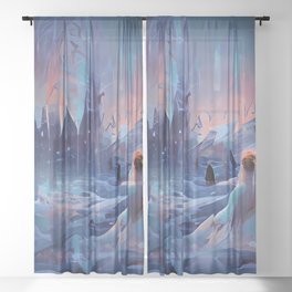 Abstract Blue Ice Frozen Landscape AI Art Sheer Curtain
