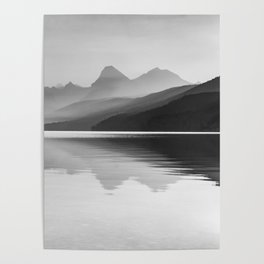 Glacier National Park Lake McDonald Mountain Sunrise Reflections - Black And White Poster