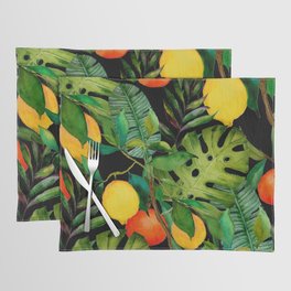 Watercolor seamless pattern with tropical leaves and citrus fruits. Fashion botanical print.  Placemat