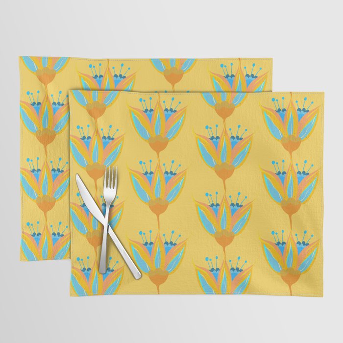 Abstract Colorful Floral Art Pattern in Turquoise and Yellow Placemat