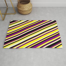 [ Thumbnail: Purple, Yellow, Light Yellow & Black Colored Lines/Stripes Pattern Rug ]