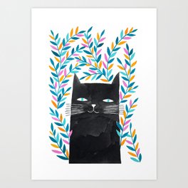 black cat surrounded by blue, yellow and pink leaves illustration Art Print