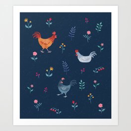 Little Hens (blue) Art Print