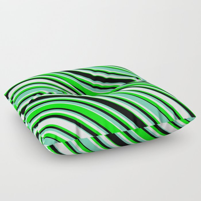 Aquamarine, Mint Cream, Lime, and Black Colored Pattern of Stripes Floor Pillow