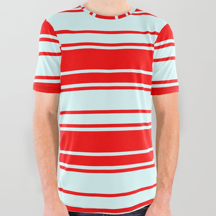 Light Cyan & Red Colored Pattern of Stripes All Over Graphic Tee