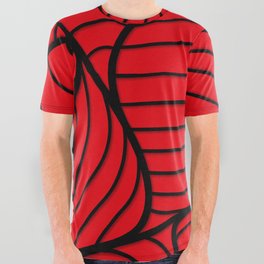 Red & Black Color Leaves Line Design All Over Graphic Tee