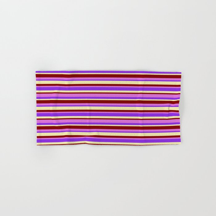 Maroon, Orchid, Purple & Pale Goldenrod Colored Stripes/Lines Pattern Hand & Bath Towel