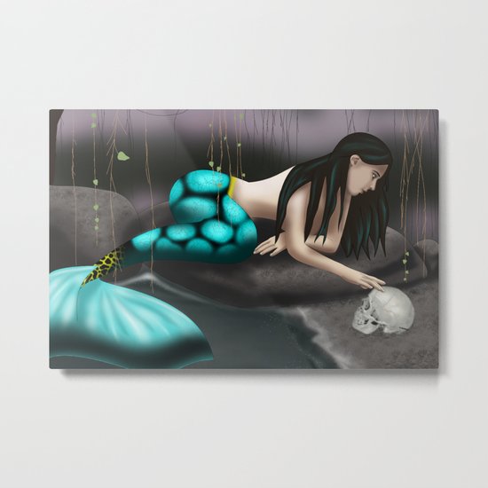 Mermaid Playing with Skull Metal Print
