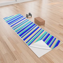 [ Thumbnail: Blue, Turquoise & Beige Colored Striped/Lined Pattern Yoga Towel ]