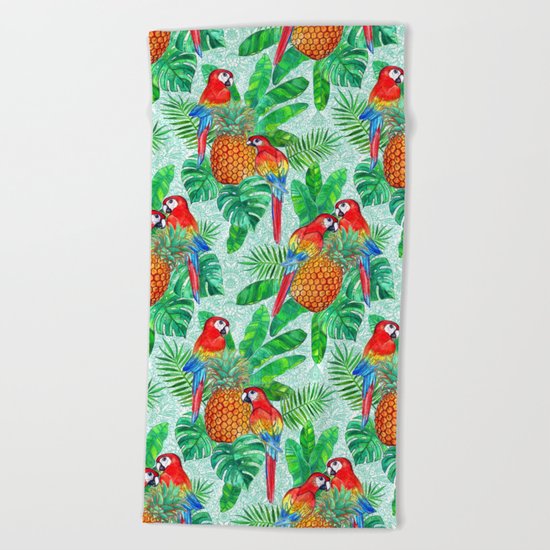 Pineapples and Parrots Tropical Summer Pattern Beach Towel