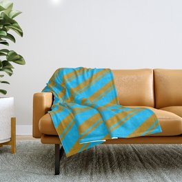 [ Thumbnail: Dark Goldenrod and Deep Sky Blue Colored Striped/Lined Pattern Throw Blanket ]