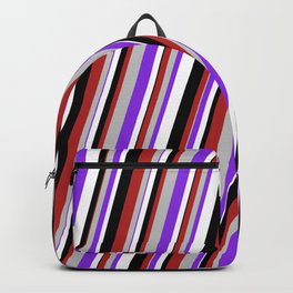 [ Thumbnail: Red, Grey, Purple, White & Black Colored Striped Pattern Backpack ]