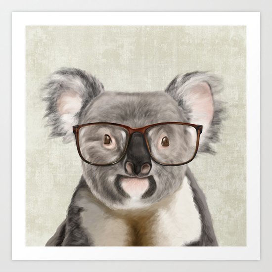 A baby koala with glasses on a rustic background Art Print