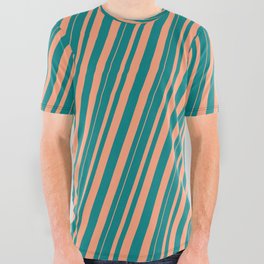 [ Thumbnail: Teal and Light Salmon Colored Pattern of Stripes All Over Graphic Tee ]