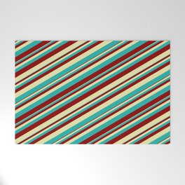 [ Thumbnail: Pale Goldenrod, Light Sea Green, and Dark Red Colored Striped Pattern Welcome Mat ]