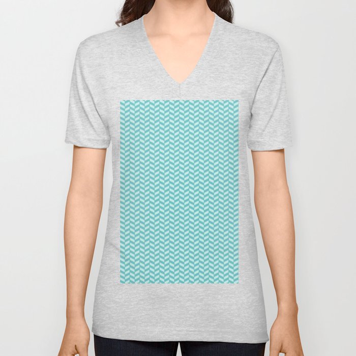 Aqua Herringbone V Neck T Shirt