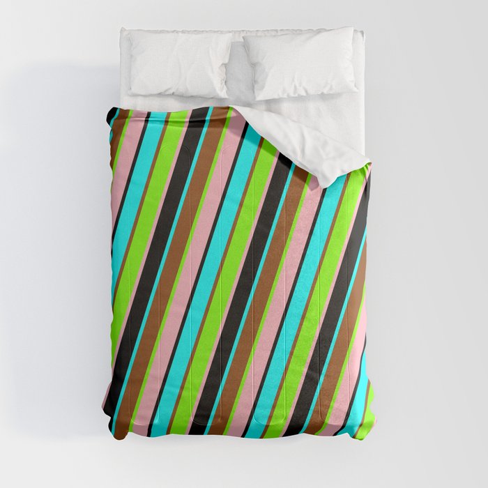 Eyecatching Cyan, Brown, Chartreuse, Light Pink & Black Colored Striped Pattern Comforter