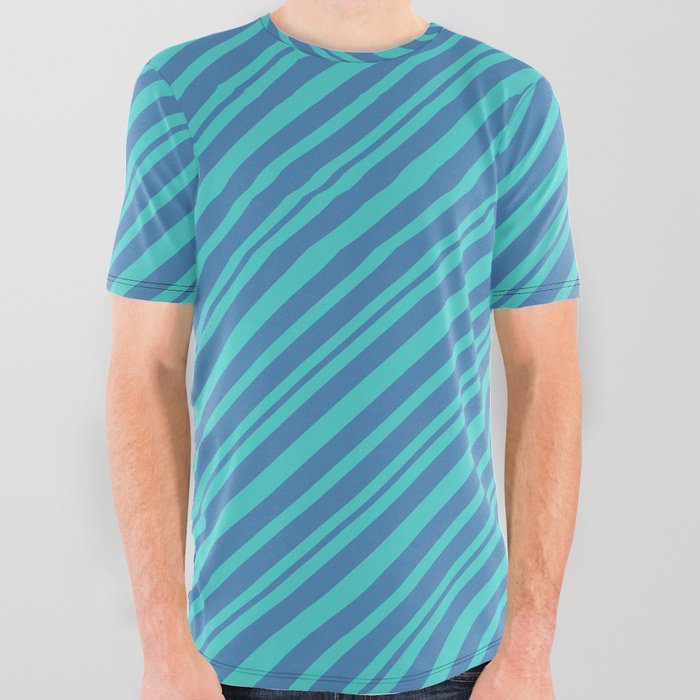 Turquoise & Blue Colored Striped/Lined Pattern All Over Graphic Tee