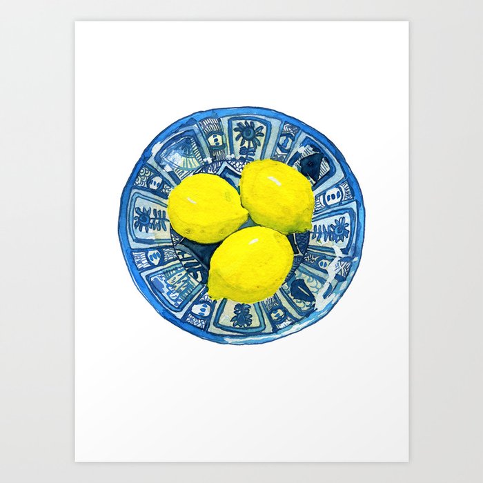 Lemons in Blue and White Porcelain Art Print