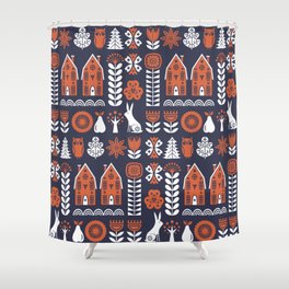 Scandinavian folk art seamless vintage pattern with orange and white flowers, trees, rabbit, owl, houses with decorative elements and rural scenery in simple style Shower Curtain