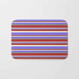 [ Thumbnail: Gray, Red, Beige & Medium Slate Blue Colored Stripes Pattern Bath Mat ]