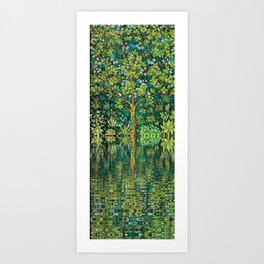 Tree of Life reflecting water of garden lily pond emerald twilight rainforest river nature landscape painting Art Print