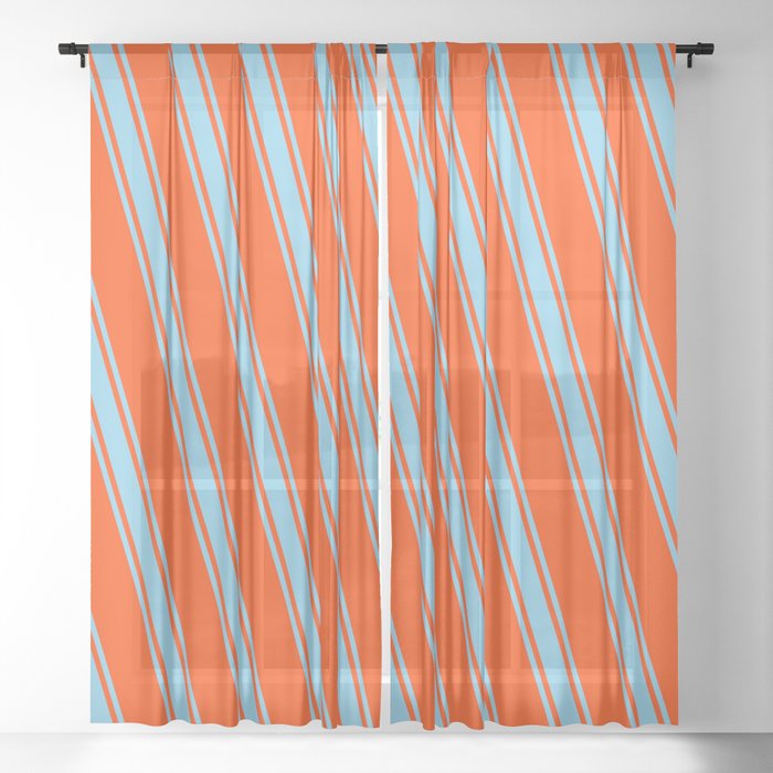 Red and Sky Blue Colored Pattern of Stripes Sheer Curtain
