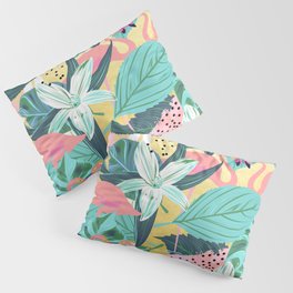 Flamingo Tropical, Colorful Modern Bohemian Eclectic Jungle Graphic Design, Blush Forest Gold Floral Pillow Sham