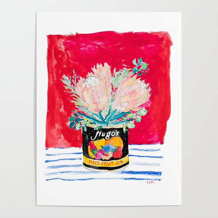 Protea Bouquet in Mixed Fruit Jam Tin Can Floral Still Life Painting on Magenta Poster