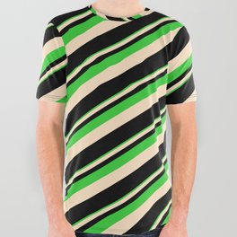[ Thumbnail: Lime Green, Bisque & Black Colored Lines Pattern All Over Graphic Tee ]