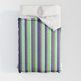 [ Thumbnail: Dark Slate Blue, Light Cyan, Green, and Gray Colored Lines/Stripes Pattern Comforter ]
