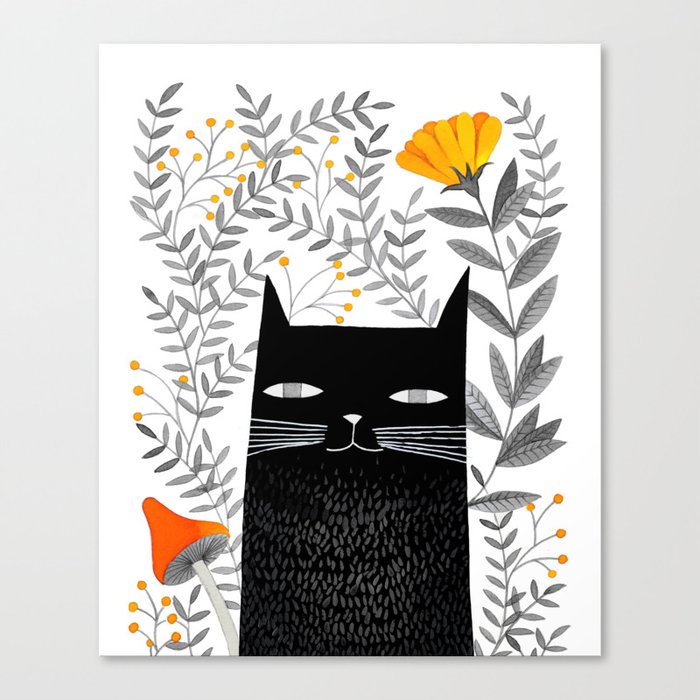 black cat with botanical illustration Canvas Print