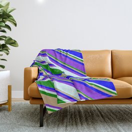 [ Thumbnail: Colorful Green, Tan, Blue, Purple, and Light Cyan Colored Striped/Lined Pattern Throw Blanket ]
