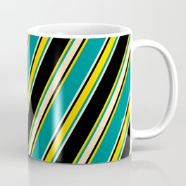 [ Thumbnail: Dark Cyan, Beige, Black, and Yellow Colored Lines/Stripes Pattern Coffee Mug ]
