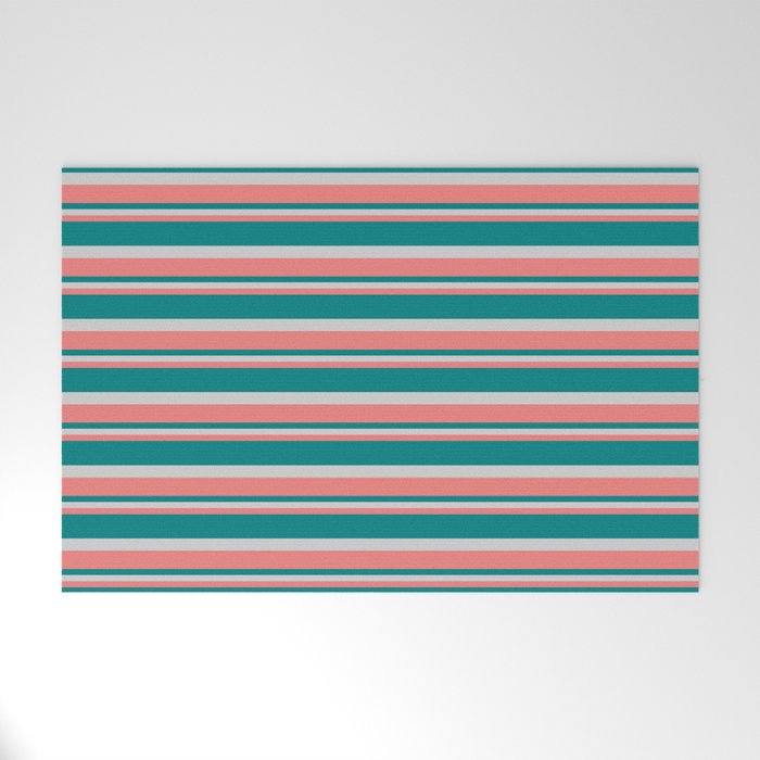 Light Coral, Teal, and Light Grey Colored Lined/Striped Pattern Welcome Mat