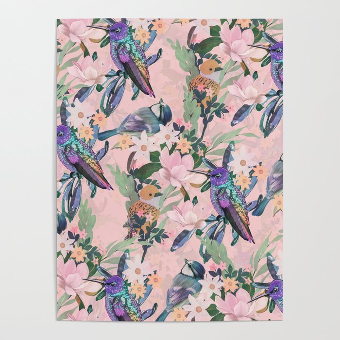 Watercolor Spring Flowers Birds Pink Pattern Poster