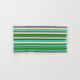 [ Thumbnail: Green, Turquoise, Dim Grey, and Bisque Colored Striped/Lined Pattern Hand & Bath Towel ]